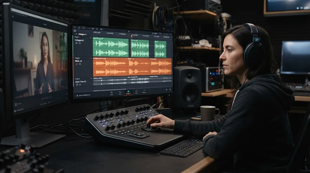 Illustration of dialogue and background music tracks in a video edit