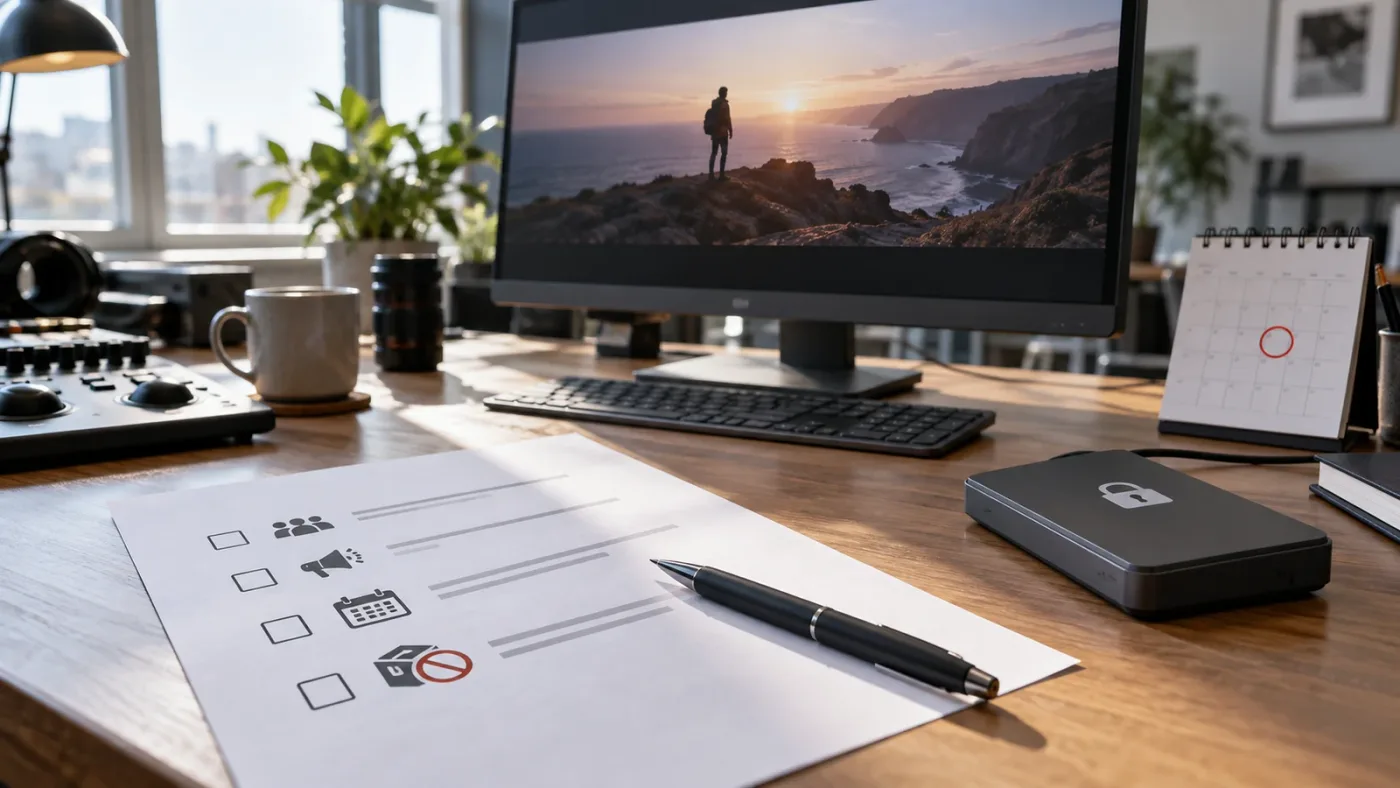 Illustration of stock footage and template license checks for client delivery