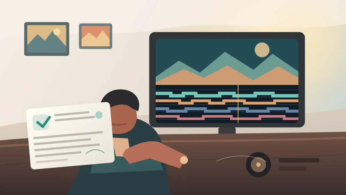 Illustration of a travel creator checking music licensing before publishing