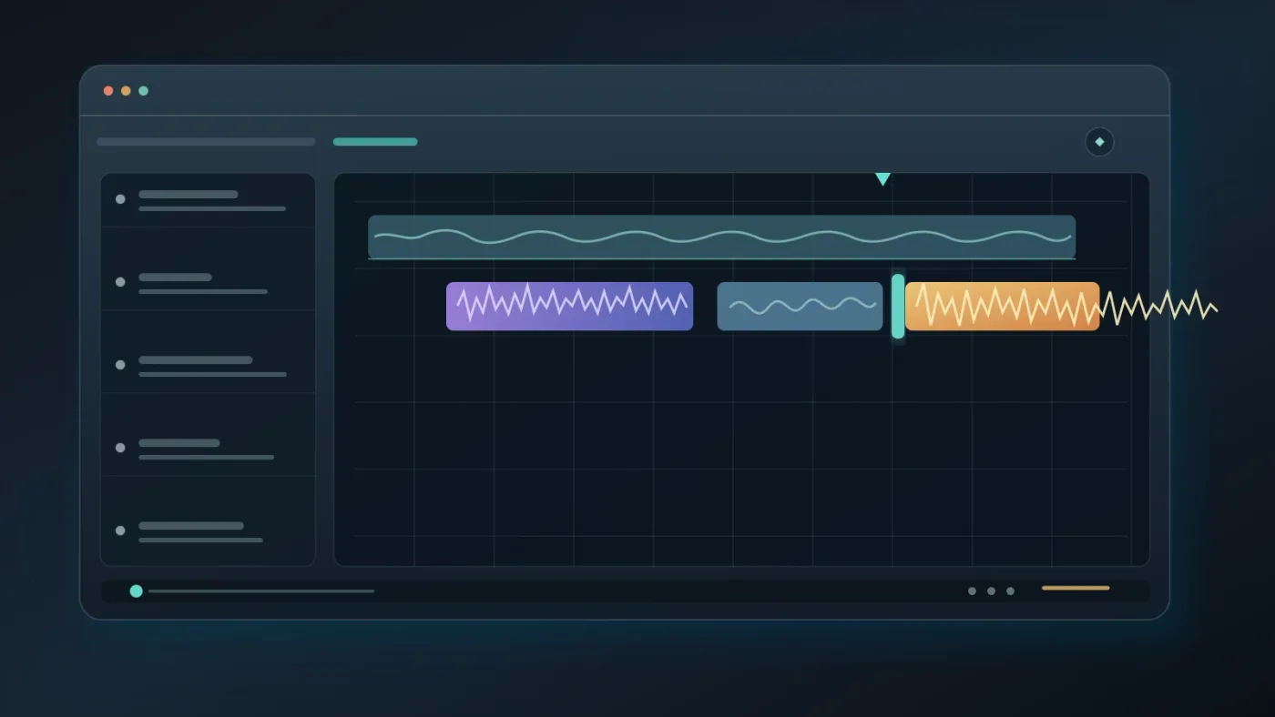 Illustration of a Fairlight timeline auditioning room tone and spot effects against documentary narration.