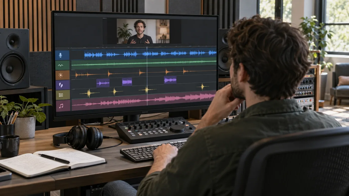 Illustration of organized Fairlight tracks for a talking head video