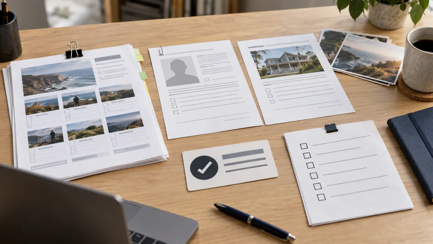 Illustration of a stock footage license and release checklist for a product demo