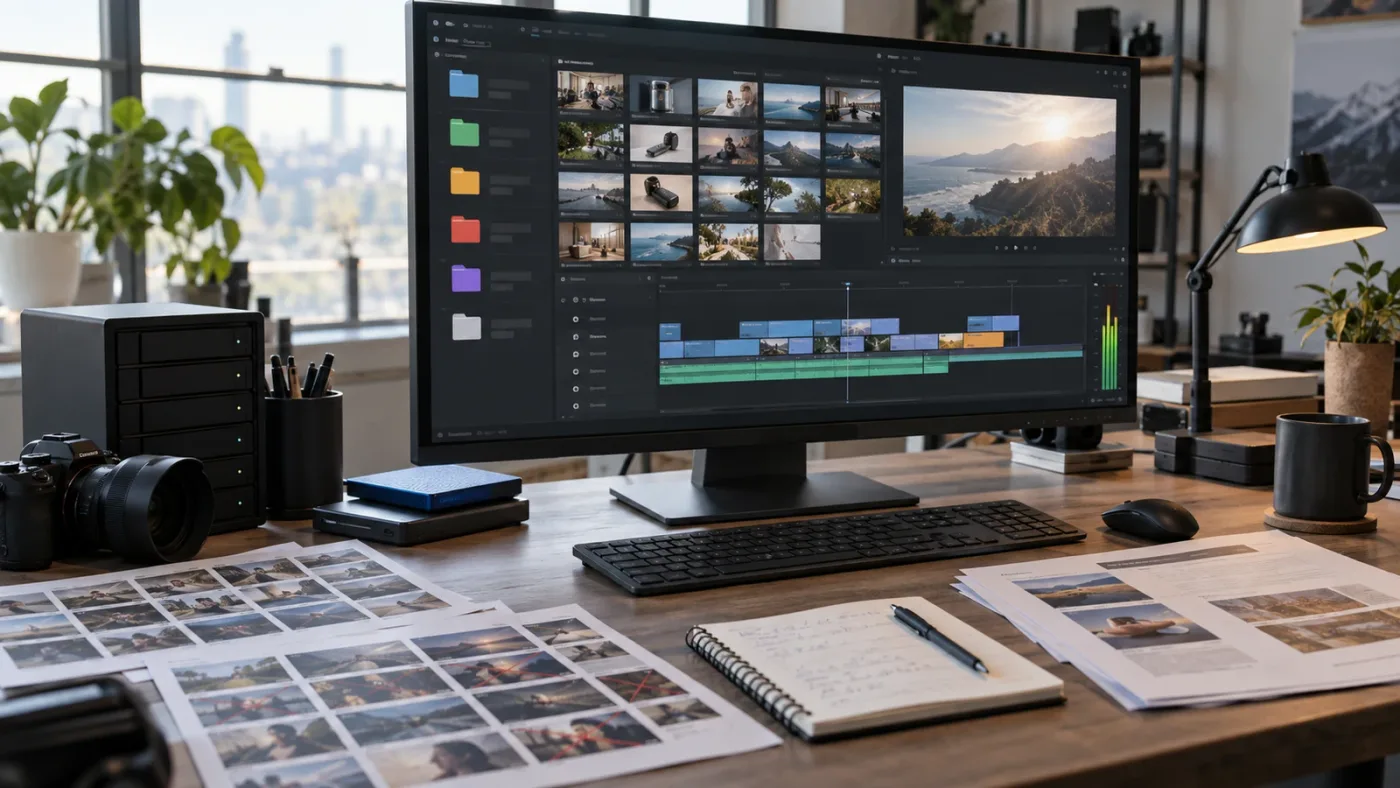 Illustration of a DaVinci Resolve 21 Media Pool organized for product demo stock footage