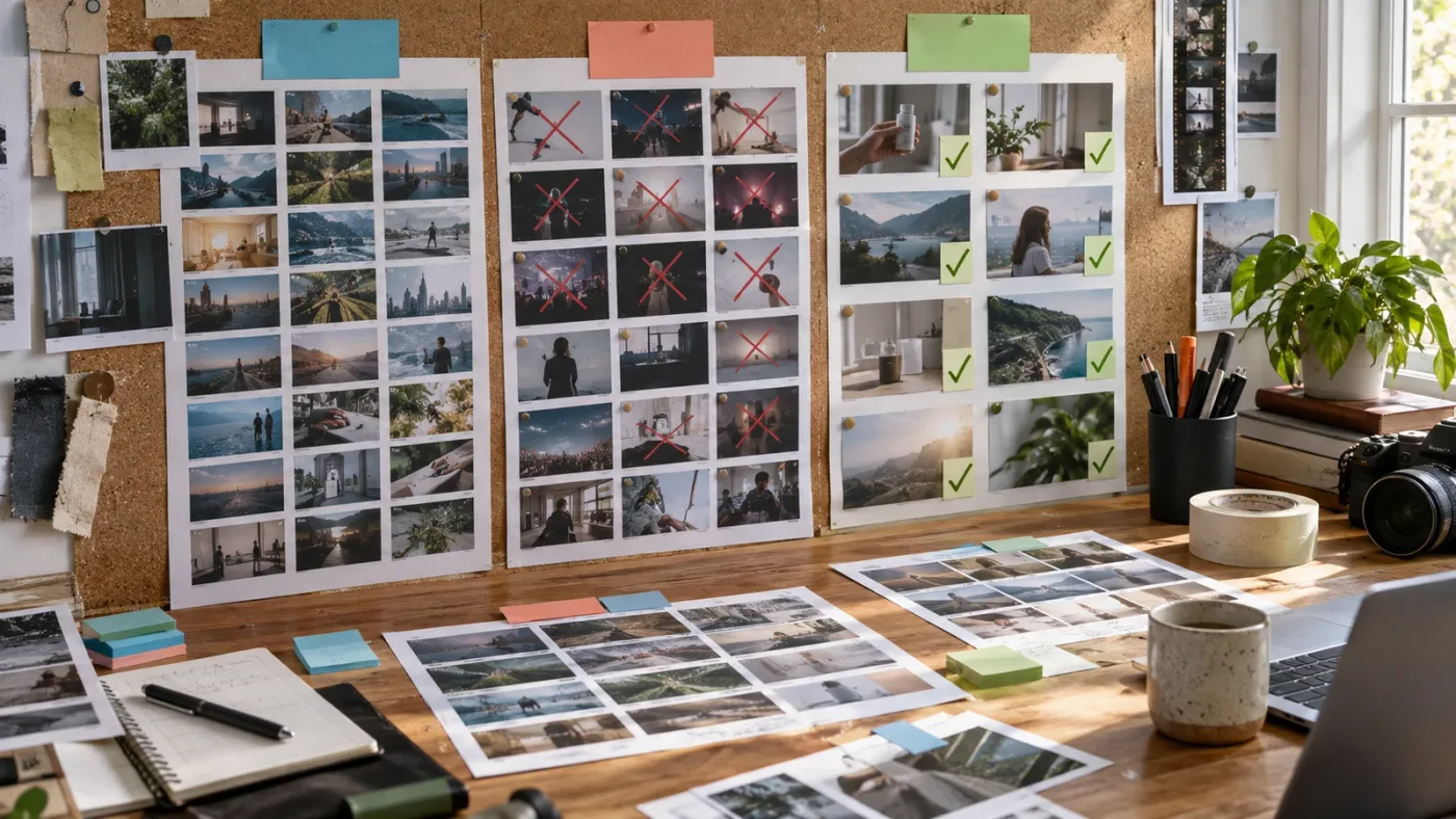 Illustration of a stock footage search board organized by product demo shot jobs