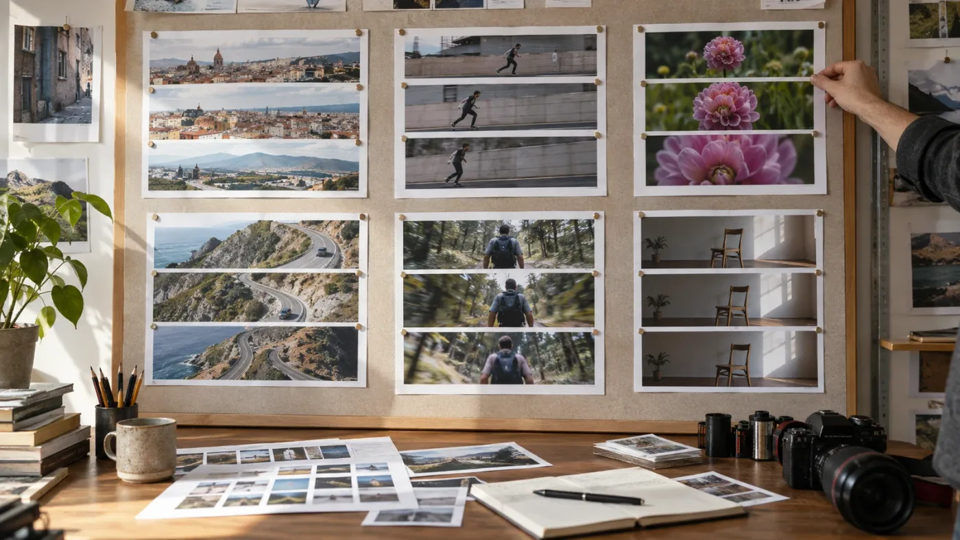 Illustration of stock footage search results organized by camera movement type