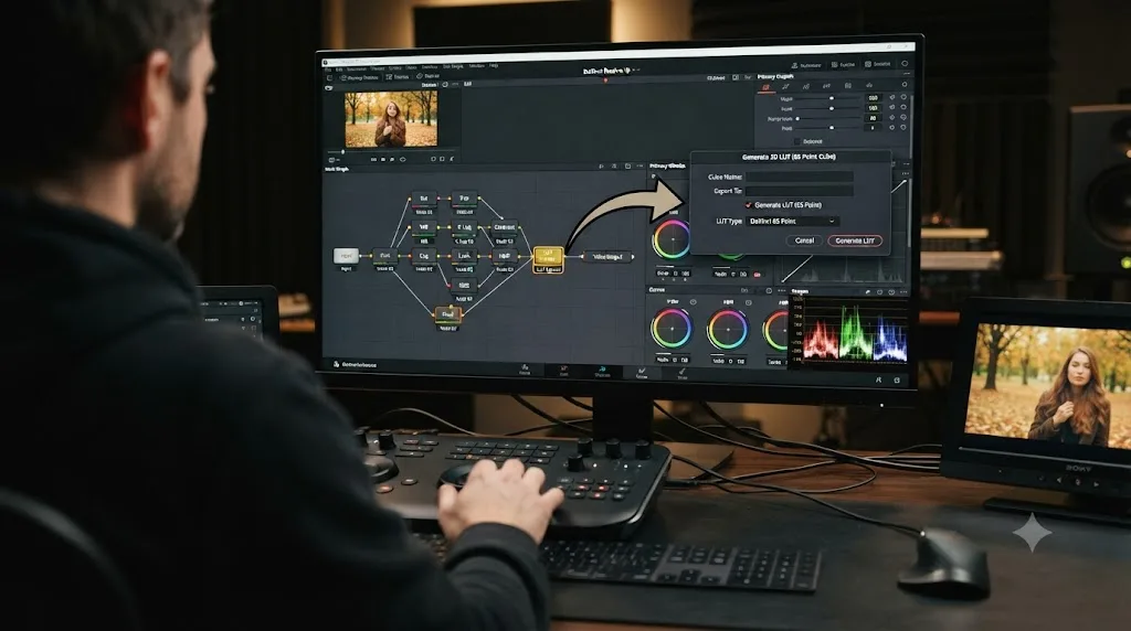 Illustration of a DaVinci Resolve Color page node graph feeding into a Generate 3D LUT dialog box