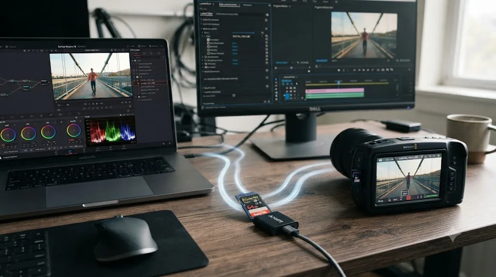 Illustration of a single exported .cube LUT file being used across DaVinci Resolve, Premiere Pro, and a camera