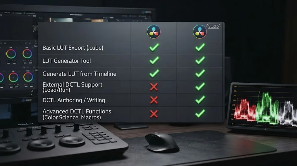 Illustration of a comparison table showing which custom LUT and DCTL creation tools are free versus Studio-exclusive in DaVinci Resolve