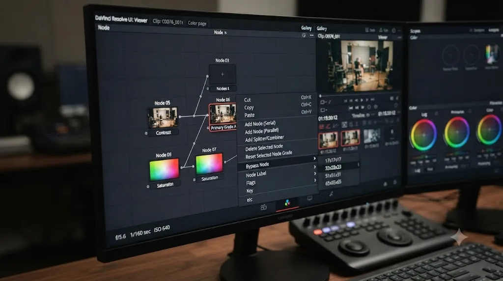 Illustration of a right-click context menu on a DaVinci Resolve node showing the Generate LUT submenu with grid size options