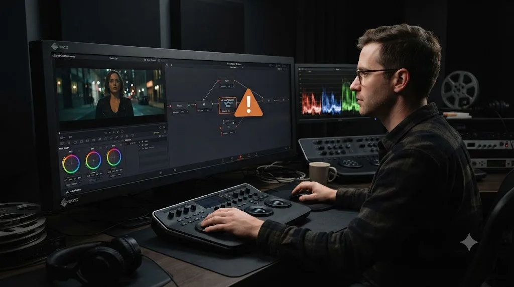 Illustration of a colorist choosing whether to bake a qualifier node into a custom LUT export in DaVinci Resolve