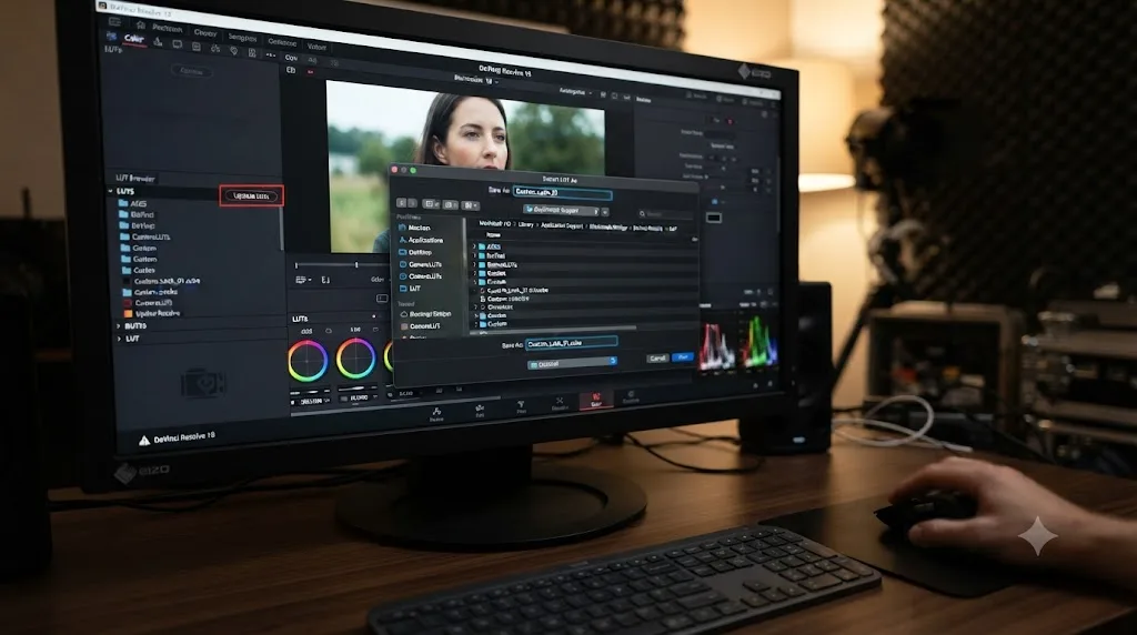 Illustration of a DaVinci Resolve save dialog defaulting into the app's LUT folder after generating a custom LUT