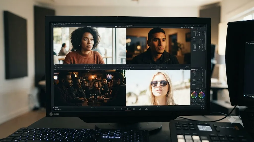 Illustration of a custom DaVinci Resolve LUT tested across four different shots with varying exposure and skin tone