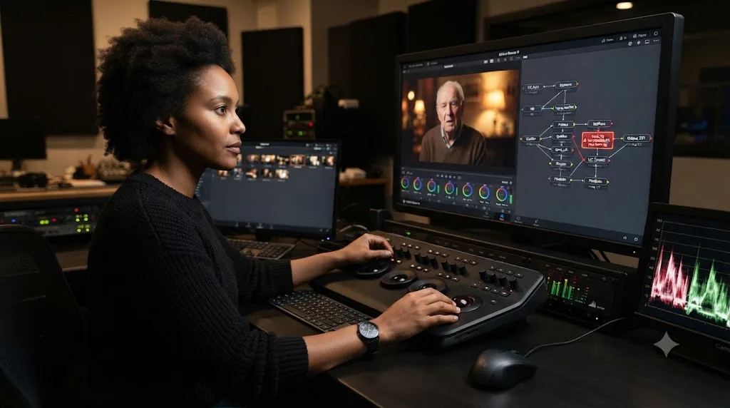 Illustration of a documentary interview grade in DaVinci Resolve being reviewed node by node before a custom LUT export