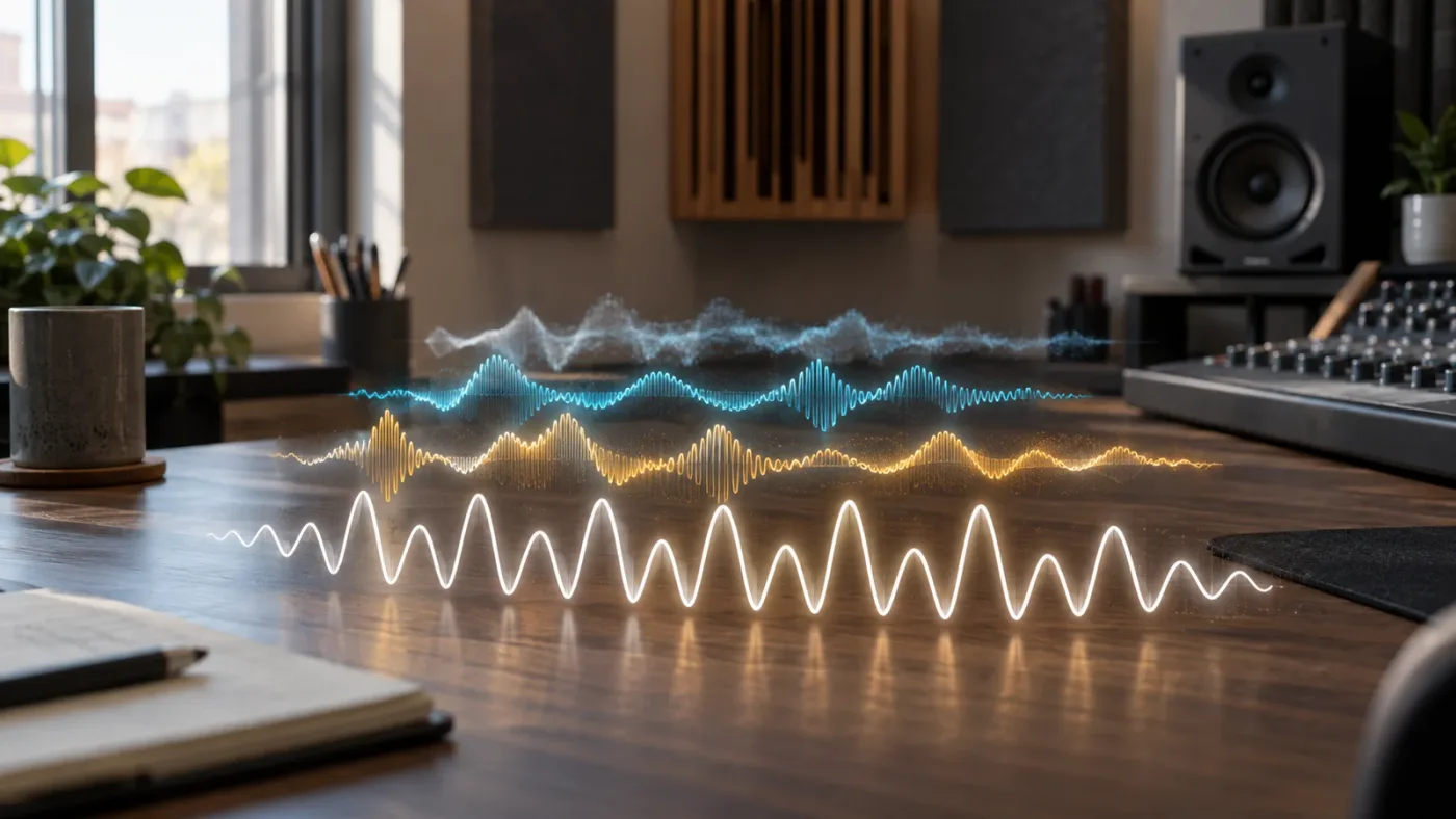 Illustration of pitch EQ and restrained effects shaping a phone notification sound
