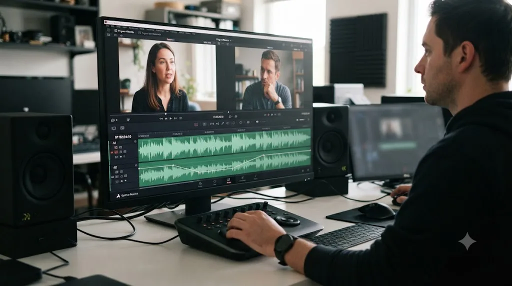 Illustration of audio ducking automation between two synced camera tracks in a DaVinci Resolve split screen