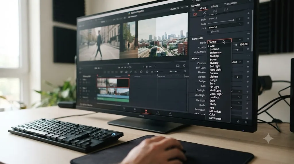 Illustration of the Composite Mode dropdown being used in the DaVinci Resolve Inspector