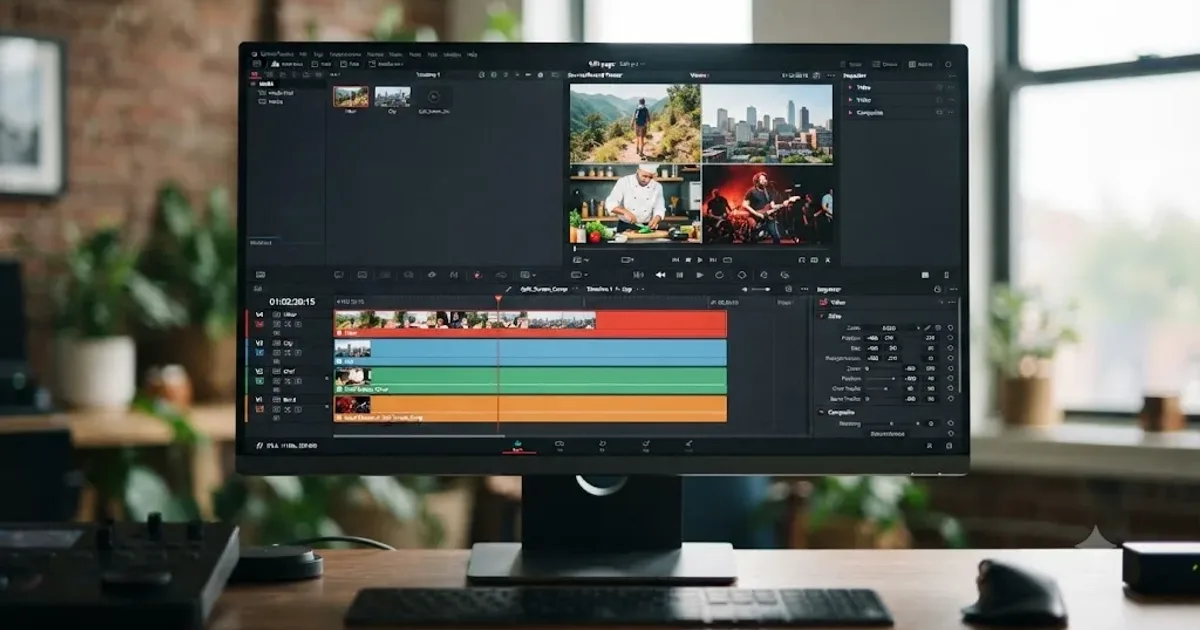 Illustration of a four-way split screen video layout being assembled in DaVinci Resolve