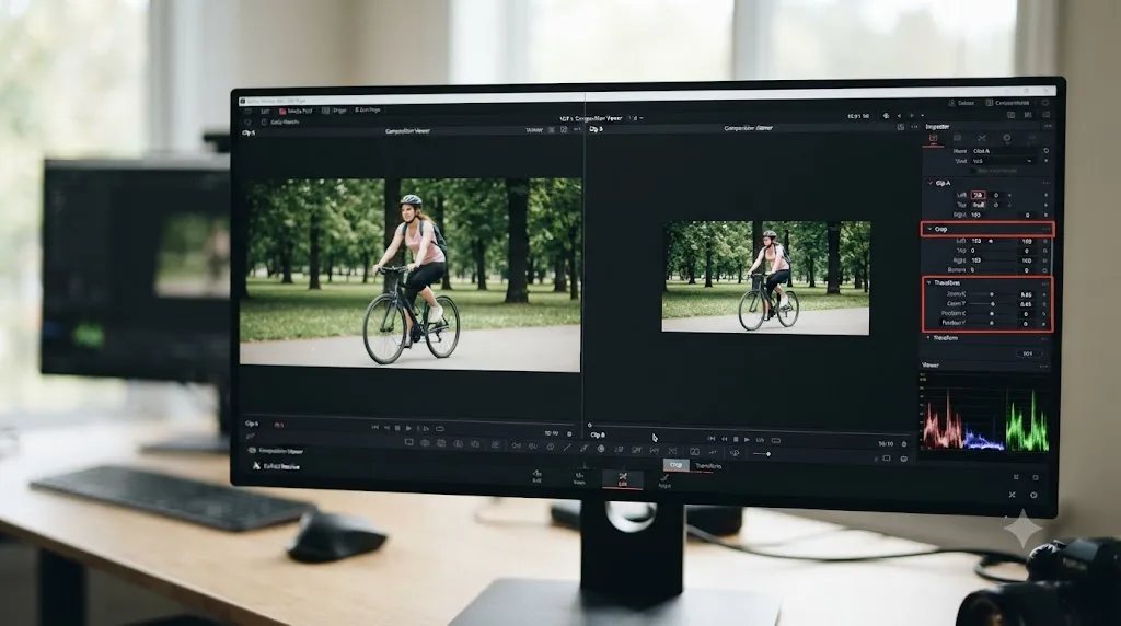 Illustration comparing the Crop and Transform tools for building split screen panels in DaVinci Resolve