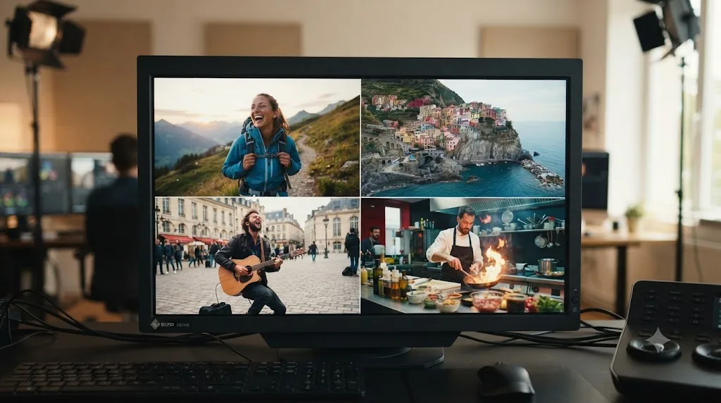 Illustration of a four-way grid split screen built with Transform and Position controls in DaVinci Resolve