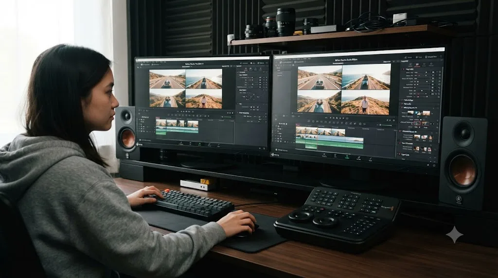 Illustration comparing DaVinci Resolve free and Studio editions for split screen editing tools
