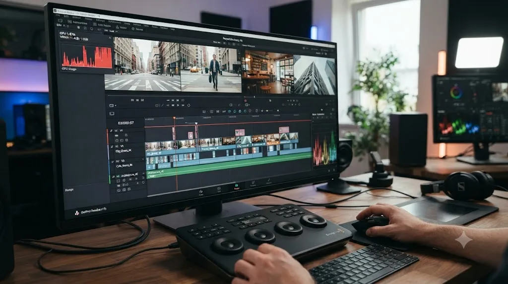 Illustration of GPU load from a stacked multi-track split screen timeline in DaVinci Resolve