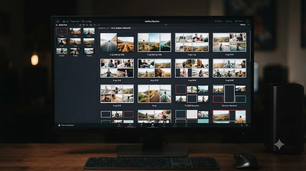 Illustration of pre-built split screen template layouts available for DaVinci Resolve