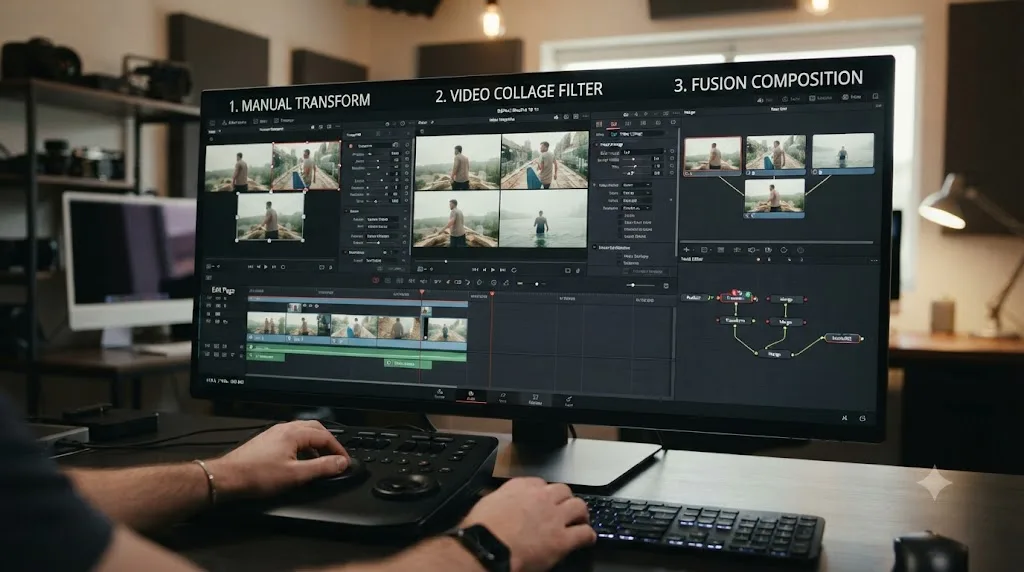 Illustration comparing three methods of building a split screen in DaVinci Resolve