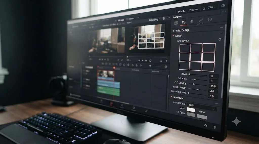 Illustration of the Video Collage filter's grid layout controls in the DaVinci Resolve Inspector