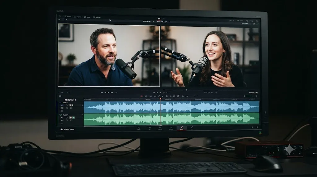 Illustration of a finished two-camera podcast split screen built and synced in DaVinci Resolve