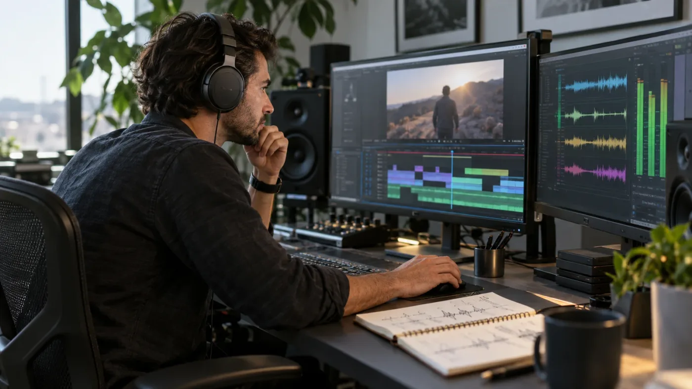 Illustration of auditioning three sound-effect candidates against a video edit