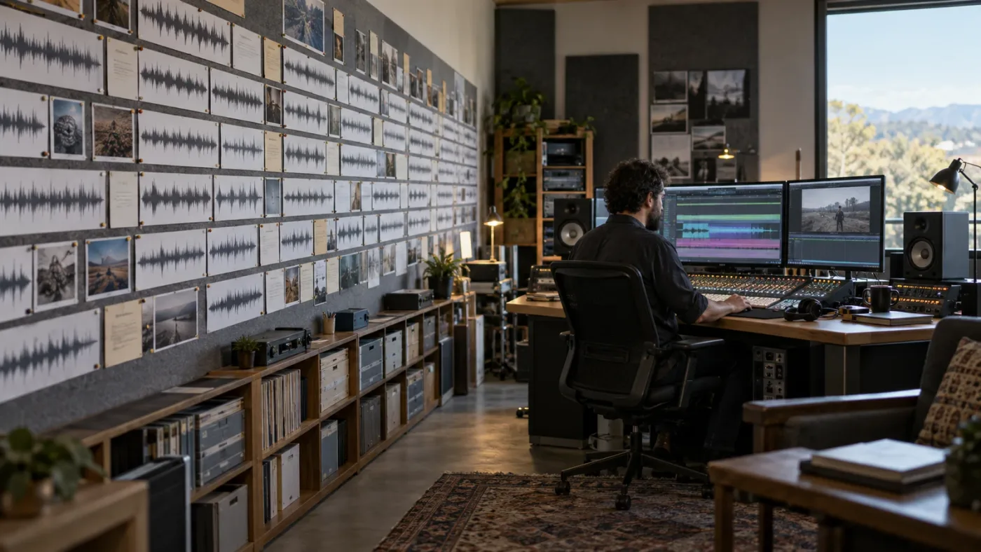 Illustration of the Fairlight Sound Library connecting searchable audio to a DaVinci Resolve timeline