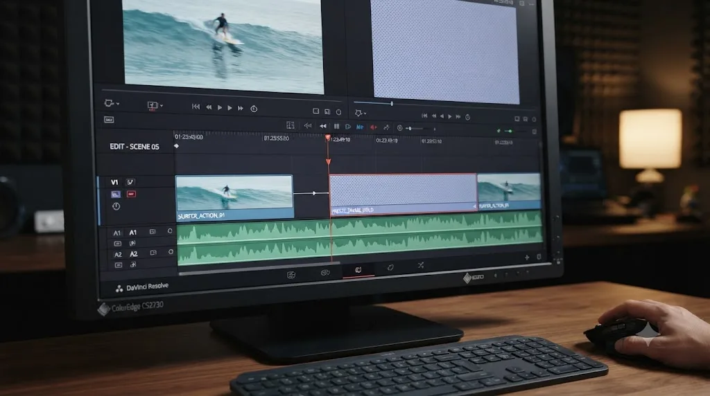 Illustration of a video timeline with a single frame frozen and held in DaVinci Resolve