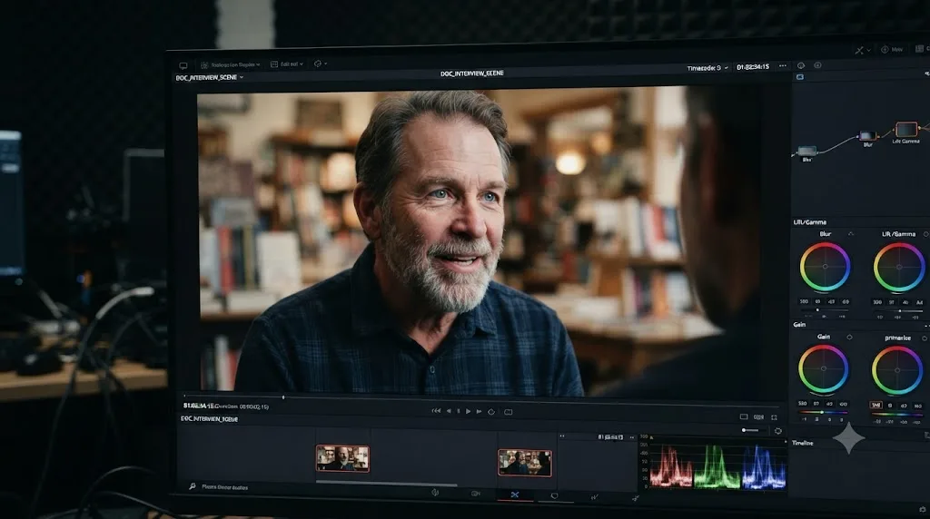 Illustration of a documentary freeze frame emphasizing a subject's expression in DaVinci Resolve