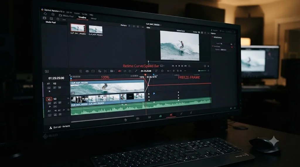Illustration of an extended freeze frame duration on a DaVinci Resolve timeline