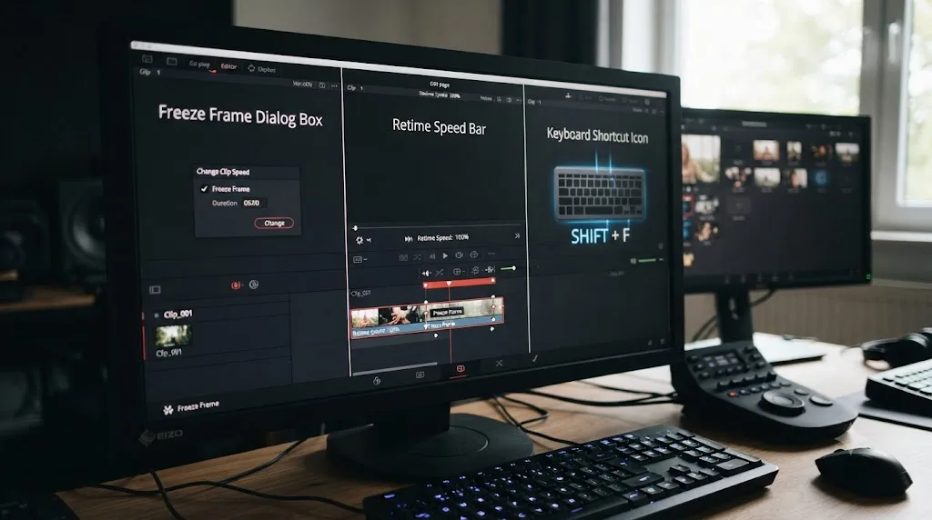 Illustration comparing three freeze frame methods in DaVinci Resolve side by side