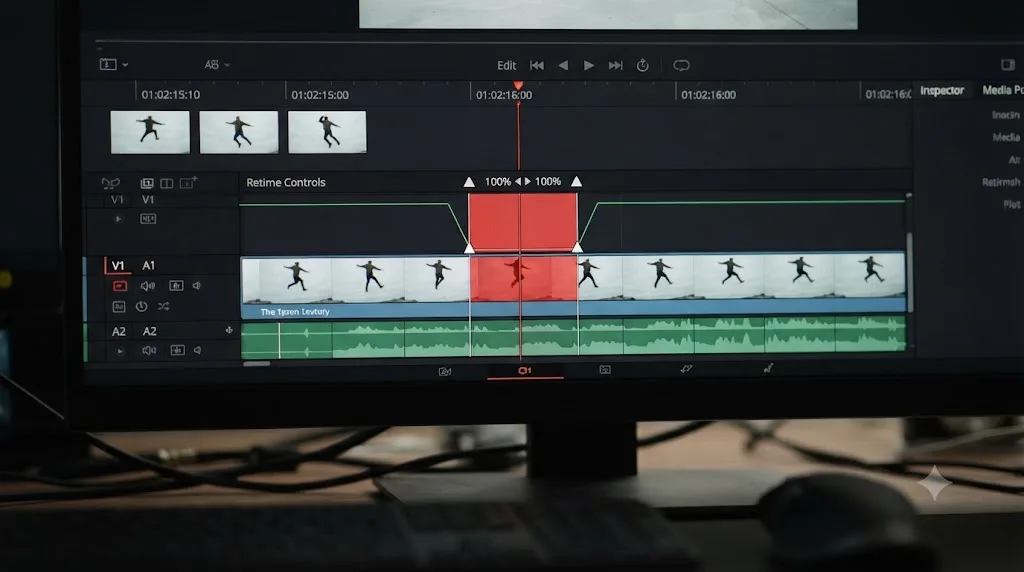Illustration of Retime Controls with a frozen segment between two speed points in DaVinci Resolve