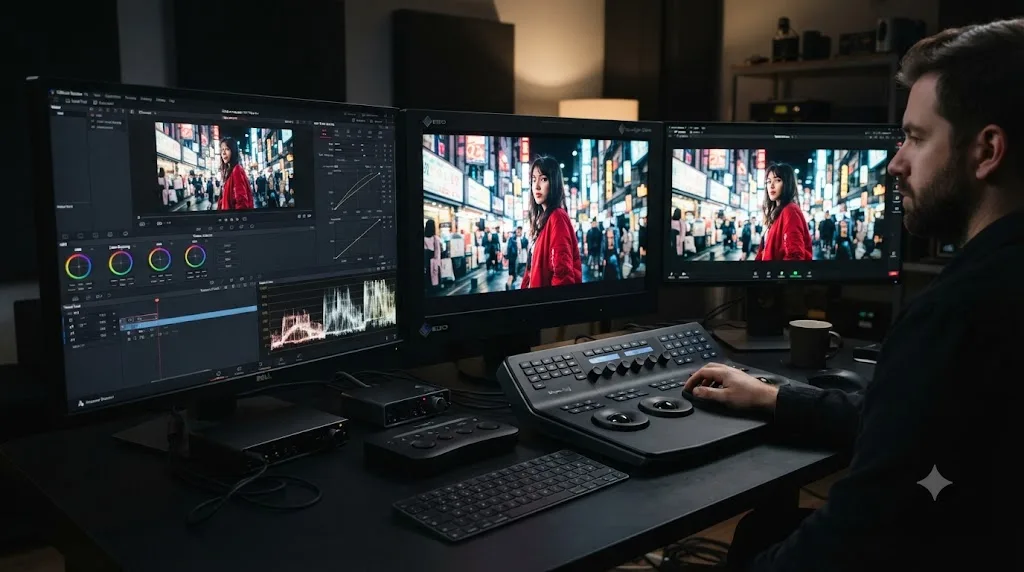 Illustration of a DaVinci Resolve Color page node graph with an HDR palette panel open, waveform scope scaled in nits, and a bright HDR frame in the viewer