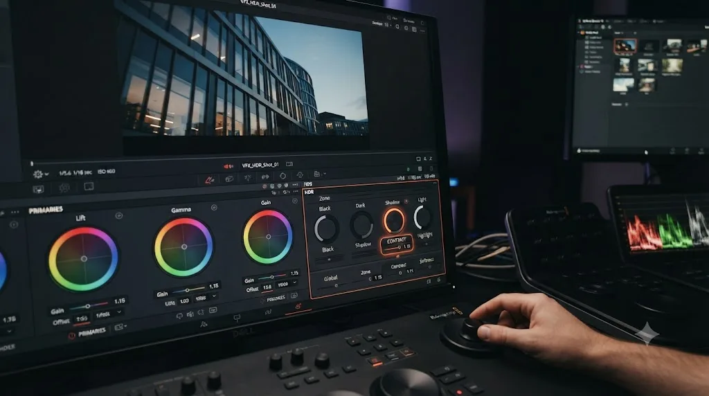 Illustration of the DaVinci Resolve HDR palette panel with its dedicated contrast control highlighted next to the Primaries wheels