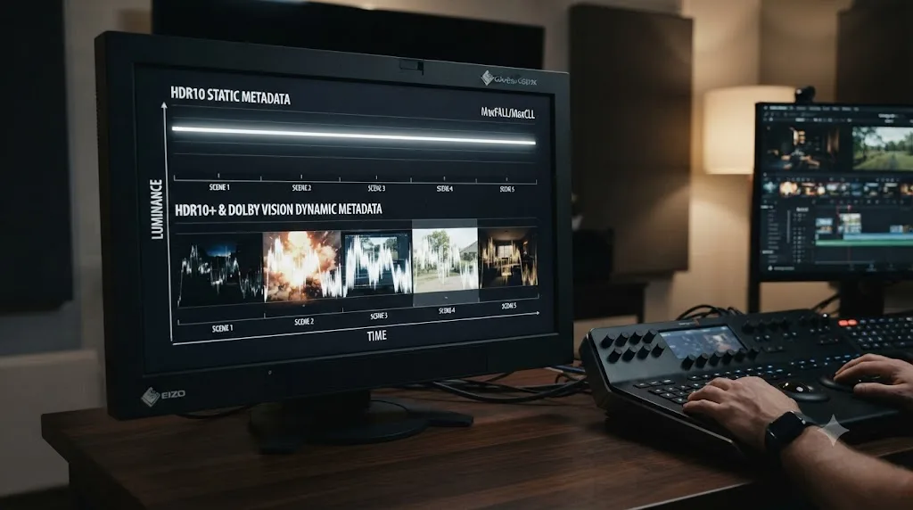 Illustration comparing static HDR10 metadata against dynamic per-scene HDR10+ and Dolby Vision metadata across a timeline