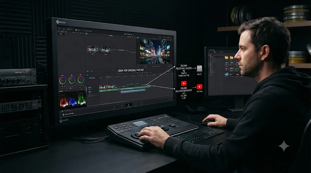 Illustration of two camera sources normalized into one HDR grading timeline branching into a PQ festival master and an HLG YouTube upload in DaVinci Resolve