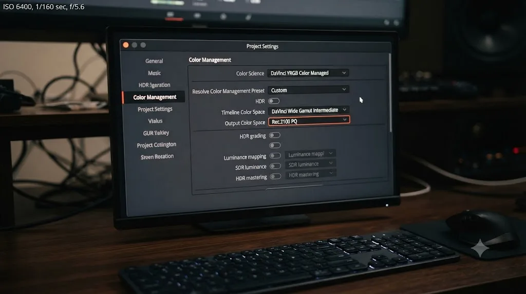 Illustration of the DaVinci Resolve Color Management project settings configured for HDR grading with DaVinci Wide Gamut and a PQ output color space