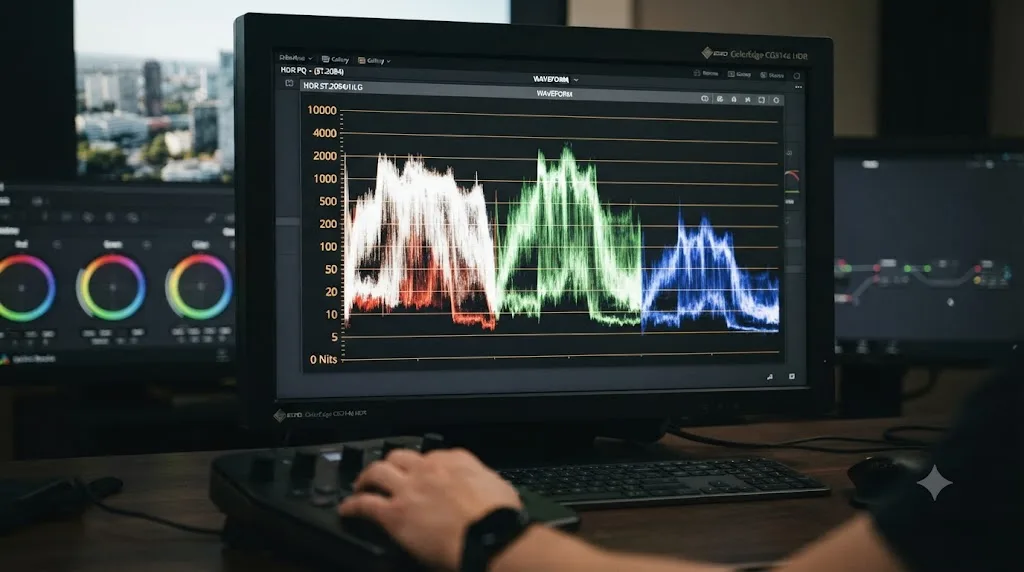 Illustration of a DaVinci Resolve waveform scope set to the HDR nit scale for grading PQ footage