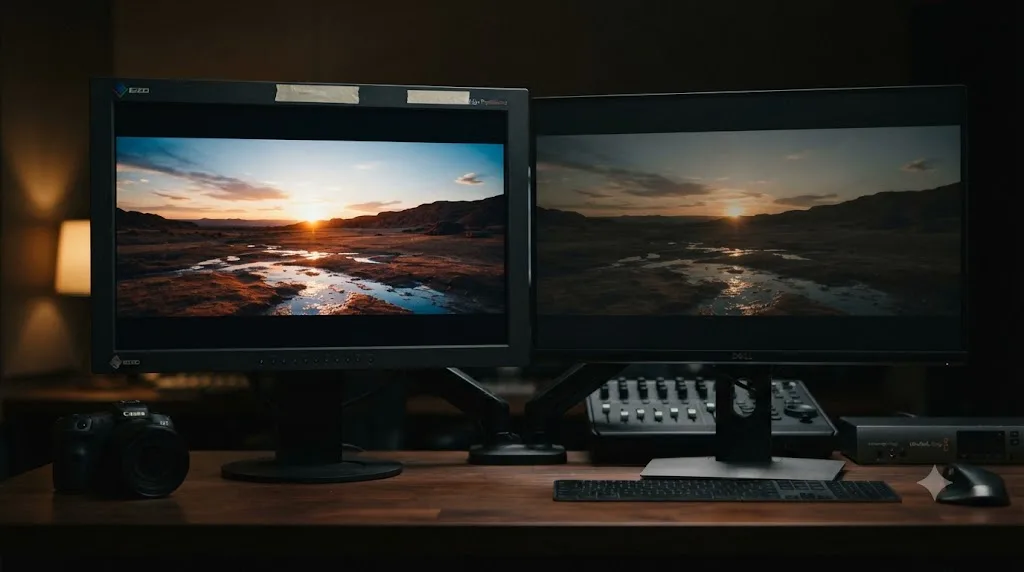 Illustration comparing a correctly displayed HDR grade on an HDR monitor against the same signal appearing flat on a standard SDR monitor