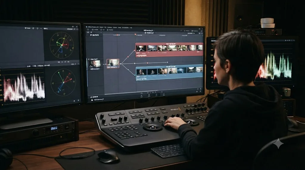 Illustration of one graded HDR interview timeline branching into an HDR10 master and a derived SDR trim in DaVinci Resolve
