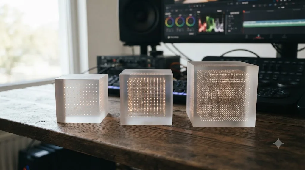 Illustration comparing 17-point, 33-point, and 65-point LUT cube grid sizes