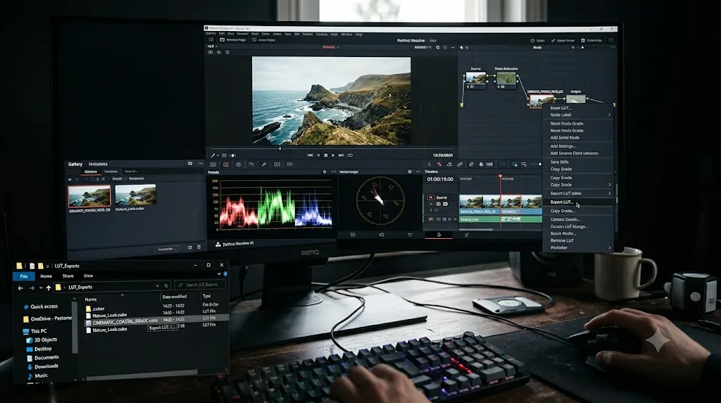 Illustration of exporting a custom LUT file from a graded node in DaVinci Resolve