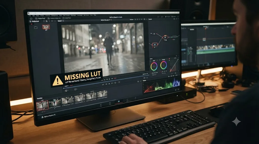 Illustration of a missing LUT warning overlay on a clip in DaVinci Resolve