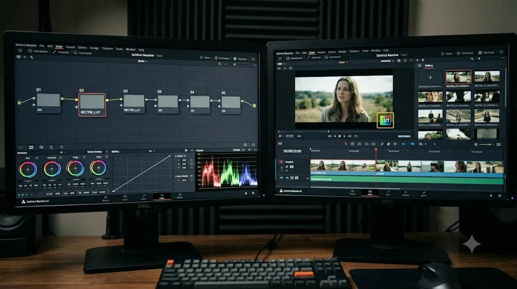 Illustration comparing a LUT applied to a node versus applied directly to a clip in DaVinci Resolve