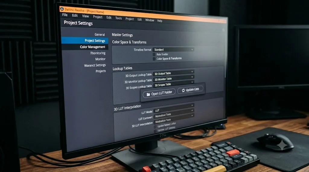 Illustration of the Color Management tab in DaVinci Resolve Project Settings showing the LUT folder controls