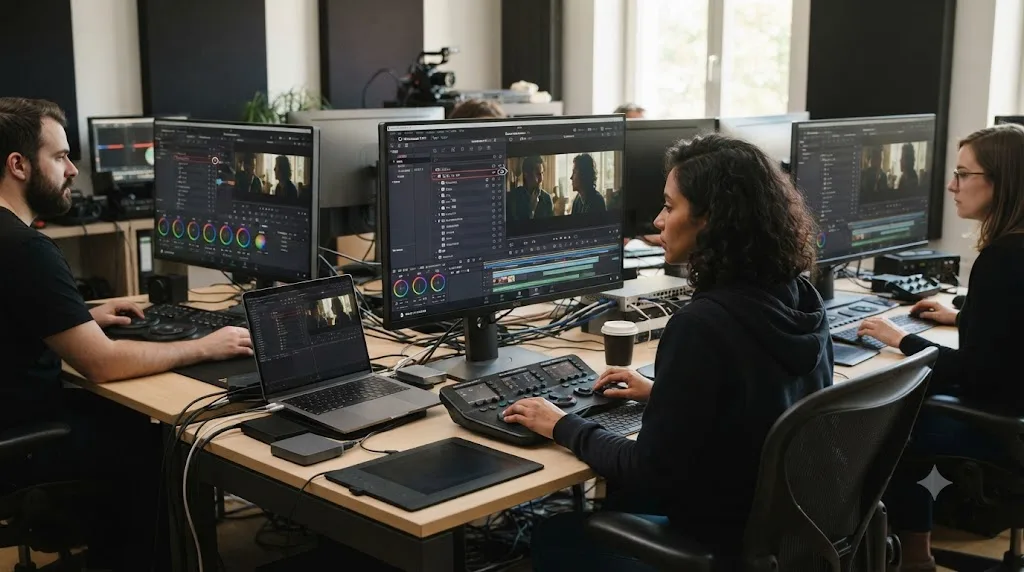 Illustration of a shared LUT folder synced across a team's DaVinci Resolve workstations